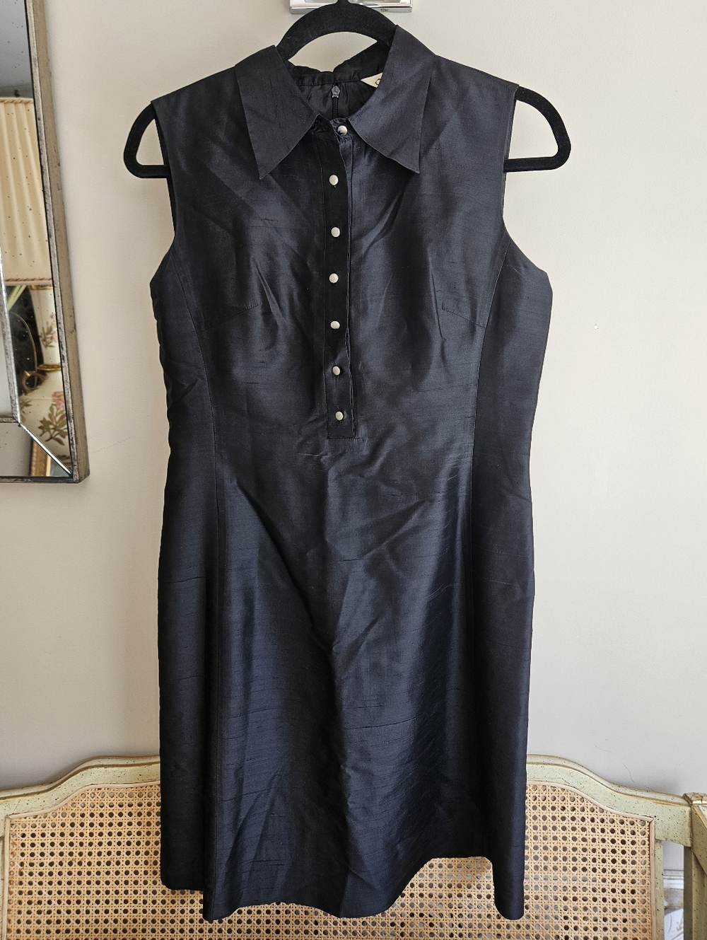 Vintage Black Sleeveless Button-Front Black Midi Dress